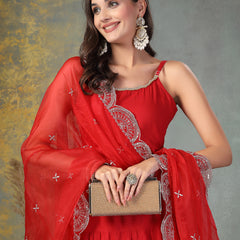 Stylum Women's Red Solid Rayon Tiered Kurta Pant Dupatta Set (KPDREDBAR)