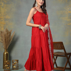 Stylum Women's Red Solid Rayon Tiered Kurta Pant Dupatta Set (KPDREDBAR)
