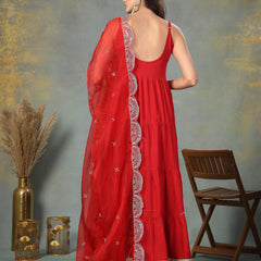 Stylum Women's Red Solid Rayon Tiered Kurta Pant Dupatta Set (KPDREDBAR)