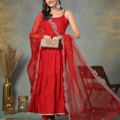 Stylum Women's Red Solid Rayon Tiered Kurta Pant Dupatta Set (KPDREDBAR)