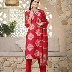 Stylum Women's Shibori Printed Muslin Straight Kurta Pant Dupatta Set (KPDREDBATIK)