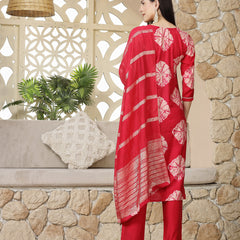 Stylum Women's Shibori Printed Muslin Straight Kurta Pant Dupatta Set (KPDREDBATIK)