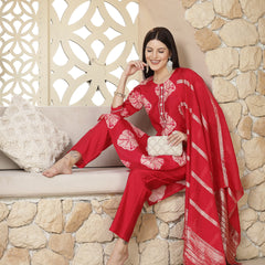 Stylum Women's Shibori Printed Muslin Straight Kurta Pant Dupatta Set (KPDREDBATIK)