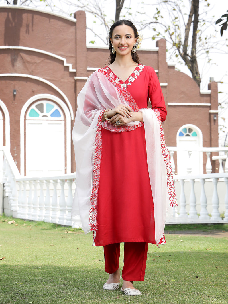 Stylum Women's Red Solid & Embroidered Rayon Straight Kurta Pant Dupatta Set (KPDREDBELL)