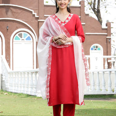 Stylum Women's Red Solid & Embroidered Rayon Straight Kurta Pant Dupatta Set (KPDREDBELL)