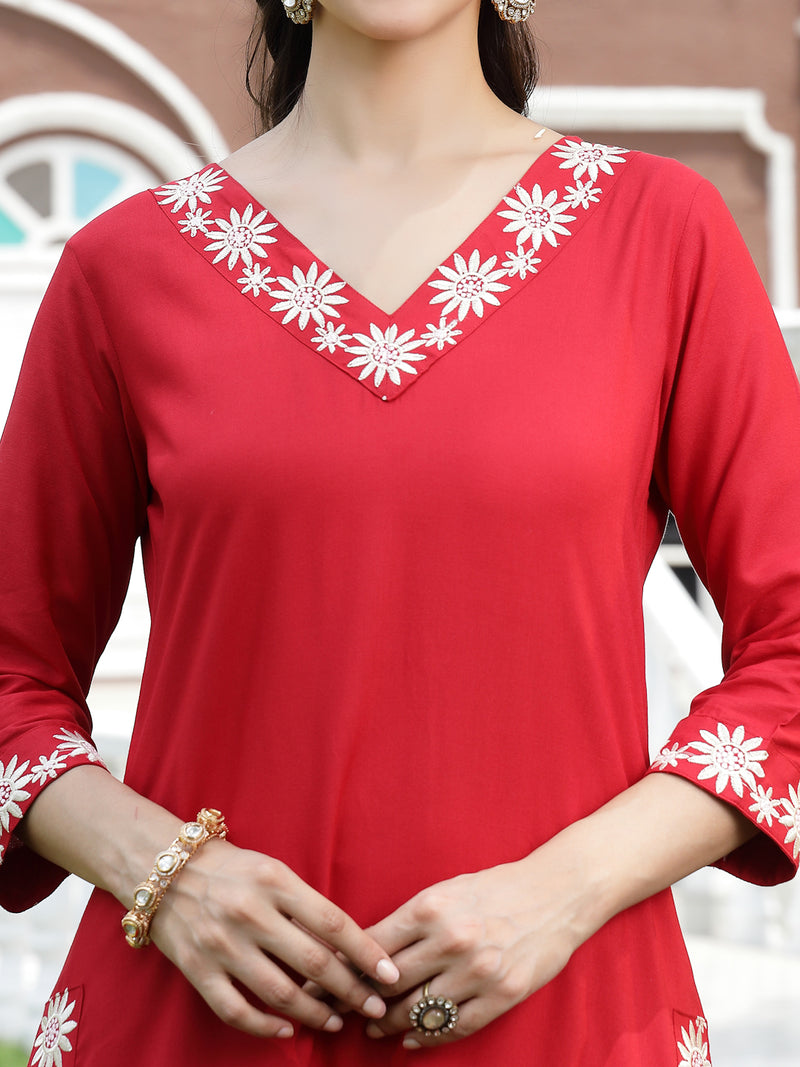 Stylum Women's Red Solid & Embroidered Rayon Straight Kurta Pant Dupatta Set (KPDREDBELL)