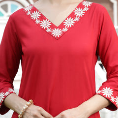 Stylum Women's Red Solid & Embroidered Rayon Straight Kurta Pant Dupatta Set (KPDREDBELL)