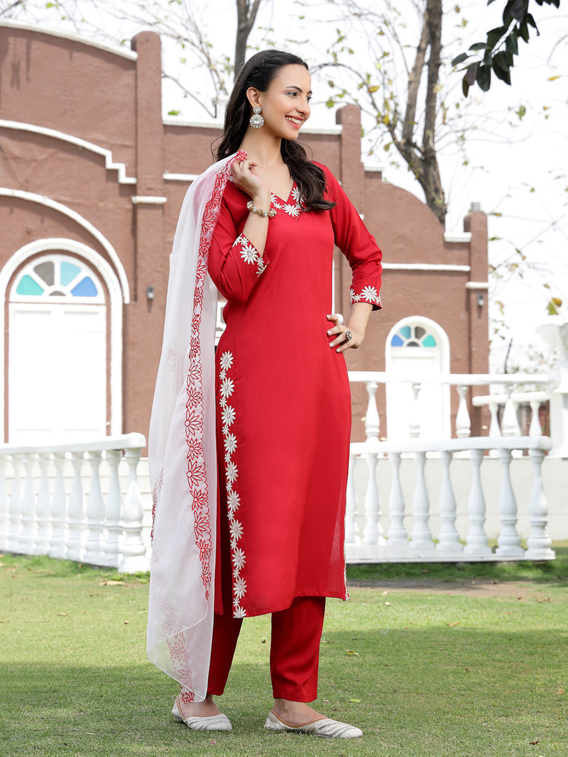 Stylum Women's Red Solid & Embroidered Rayon Straight Kurta Pant Dupatta Set (KPDREDBELL)