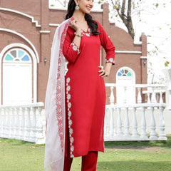 Stylum Women's Red Solid & Embroidered Rayon Straight Kurta Pant Dupatta Set (KPDREDBELL)