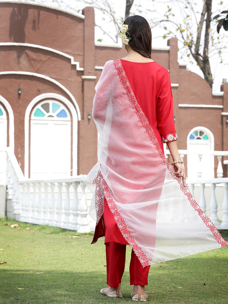 Stylum Women's Red Solid & Embroidered Rayon Straight Kurta Pant Dupatta Set (KPDREDBELL)