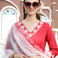 Stylum Women's Red Solid & Embroidered Rayon Straight Kurta Pant Dupatta Set (KPDREDBELL)