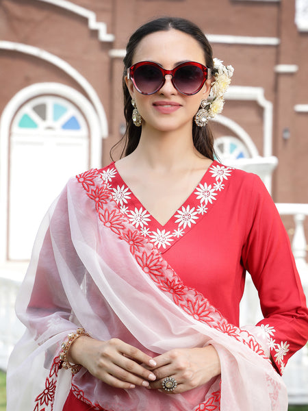Stylum Women's Red Solid & Embroidered Rayon Straight Kurta Pant Dupatta Set (KPDREDBELL)
