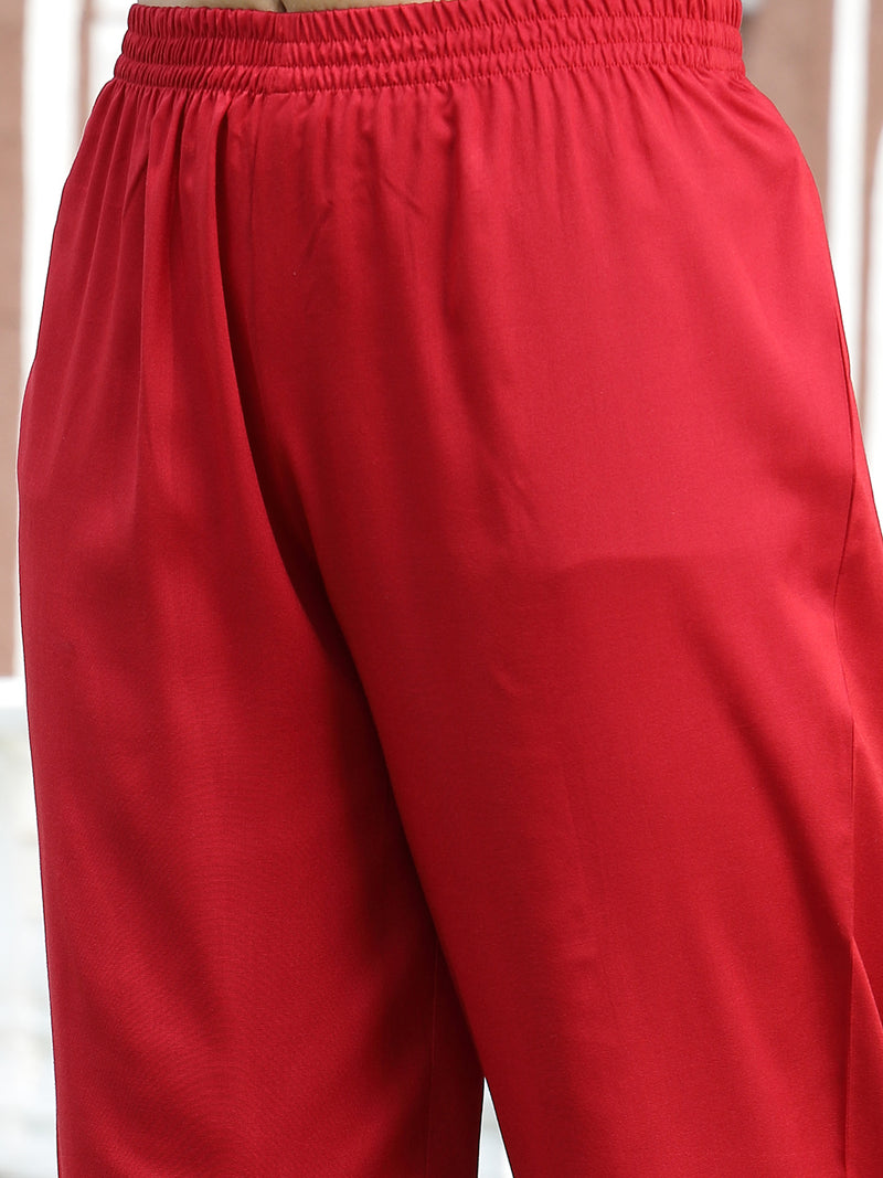 Stylum Women's Red Solid & Embroidered Rayon Straight Kurta Pant Dupatta Set (KPDREDBELL)