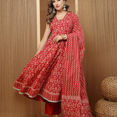 Stylum Women's Floral Printed Cotton Anarkali Kurta Palazzo Dupatta Set (KPDREDDAMAN)