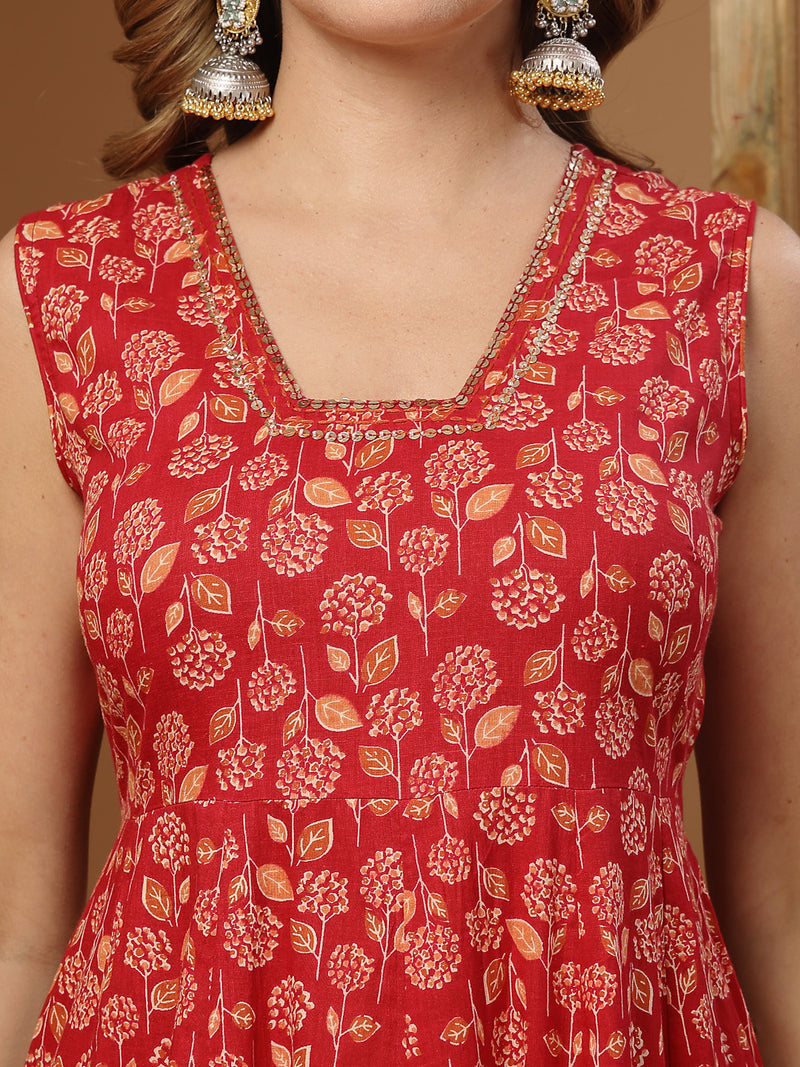 Stylum Women's Floral Printed Cotton Anarkali Kurta Palazzo Dupatta Set (KPDREDDAMAN)
