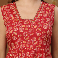 Stylum Women's Floral Printed Cotton Anarkali Kurta Palazzo Dupatta Set (KPDREDDAMAN)