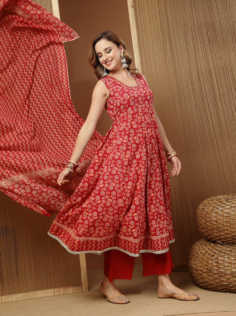 Stylum Women's Floral Printed Cotton Anarkali Kurta Palazzo Dupatta Set (KPDREDDAMAN)