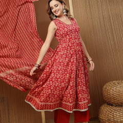 Stylum Women's Floral Printed Cotton Anarkali Kurta Palazzo Dupatta Set (KPDREDDAMAN)