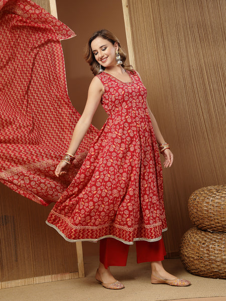 Stylum Women's Floral Printed Cotton Anarkali Kurta Palazzo Dupatta Set (KPDREDDAMAN)