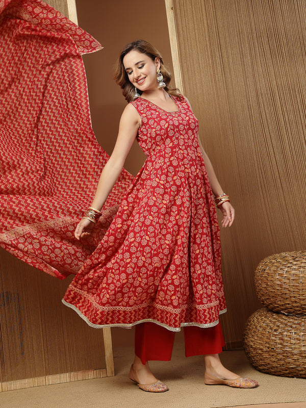 Stylum Women's Floral Printed Cotton Anarkali Kurta Palazzo Dupatta Set (KPDREDDAMAN)