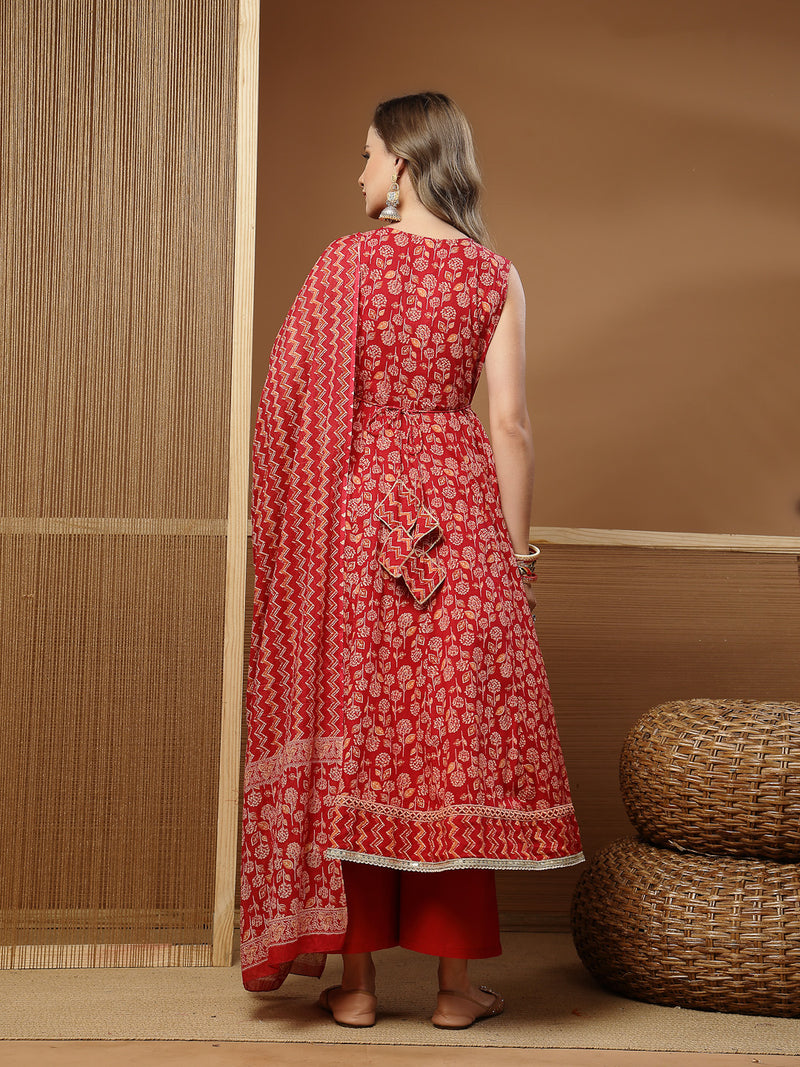 Stylum Women's Floral Printed Cotton Anarkali Kurta Palazzo Dupatta Set (KPDREDDAMAN)