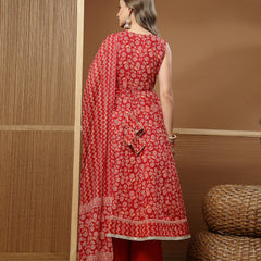 Stylum Women's Floral Printed Cotton Anarkali Kurta Palazzo Dupatta Set (KPDREDDAMAN)