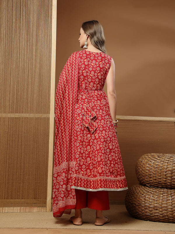 Stylum Women's Floral Printed Cotton Anarkali Kurta Palazzo Dupatta Set (KPDREDDAMAN)