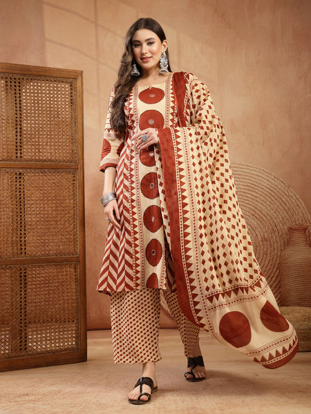 Stylum Women's Red Printed Cotton A-Line Kurta Palazzo Dupatta Set (KPDREDDIMI)