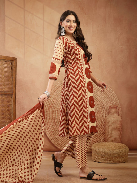 Stylum Women's Red Printed Cotton A-Line Kurta Palazzo Dupatta Set (KPDREDDIMI)