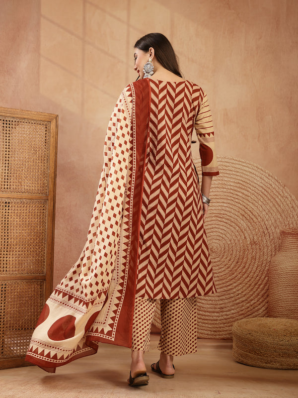 Stylum Women's Red Printed Cotton A-Line Kurta Palazzo Dupatta Set (KPDREDDIMI)