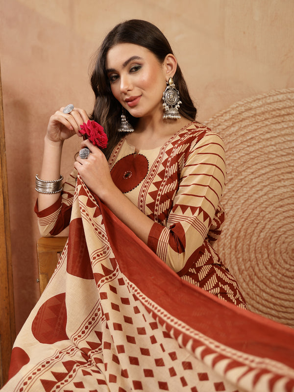 Stylum Women's Red Printed Cotton A-Line Kurta Palazzo Dupatta Set (KPDREDDIMI)