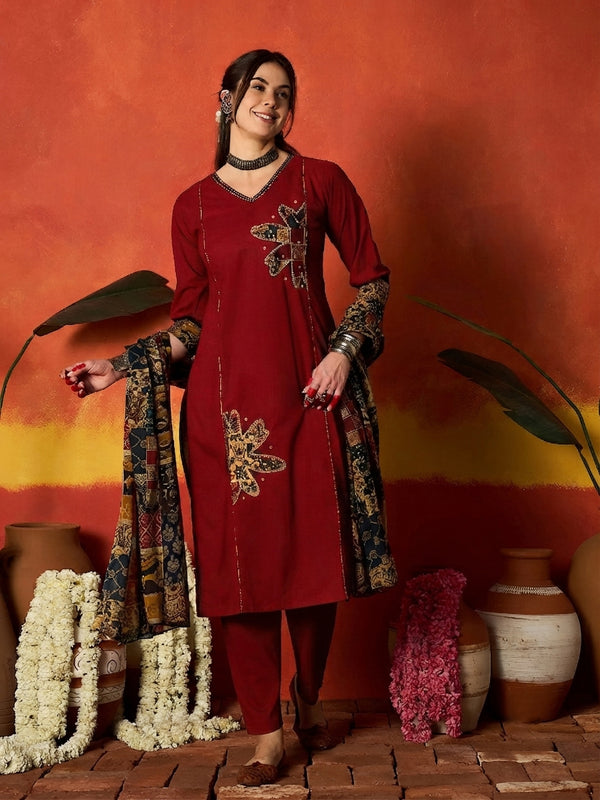 Stylum Women's Red Solid Cotton Straight Kurta Pant Dupatta Set (KPDREDJIMAN)