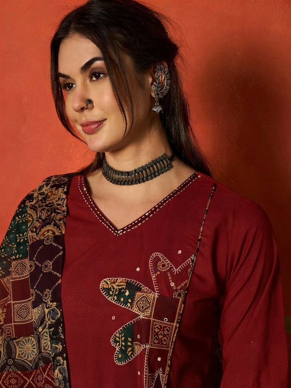 Stylum Women's Red Solid Cotton Straight Kurta Pant Dupatta Set (KPDREDJIMAN)