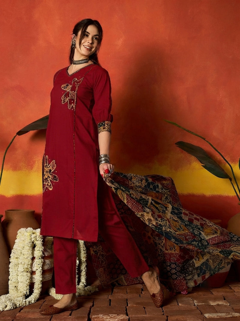 Stylum Women's Red Solid Cotton Straight Kurta Pant Dupatta Set (KPDREDJIMAN)