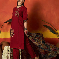 Stylum Women's Red Solid Cotton Straight Kurta Pant Dupatta Set (KPDREDJIMAN)