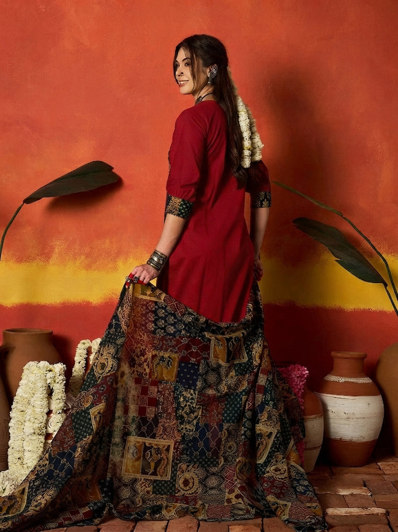 Stylum Women's Red Solid Cotton Straight Kurta Pant Dupatta Set (KPDREDJIMAN)