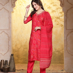 Stylum Women's Bandhej Printed Muslin Straight Kurta Pant Dupatta Set (KPDREDKORI)