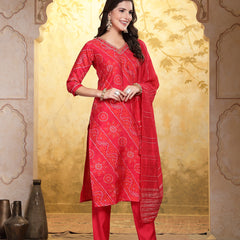 Stylum Women's Bandhej Printed Muslin Straight Kurta Pant Dupatta Set (KPDREDKORI)