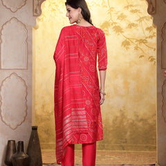 Stylum Women's Bandhej Printed Muslin Straight Kurta Pant Dupatta Set (KPDREDKORI)