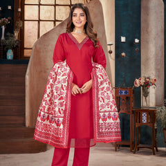 Stylum Women's Red Solid & Embroidered Silk Blend Straight Kurta Pant Dupatta Set (KPDREDMINATI)