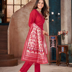 Stylum Women's Red Solid & Embroidered Silk Blend Straight Kurta Pant Dupatta Set (KPDREDMINATI)