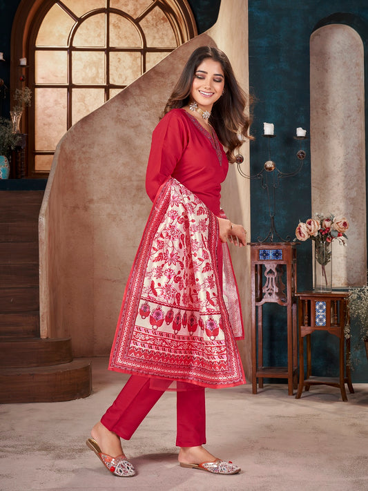 Stylum Women's Red Solid & Embroidered Silk Blend Straight Kurta Pant Dupatta Set (KPDREDMINATI)