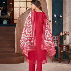 Stylum Women's Red Solid & Embroidered Silk Blend Straight Kurta Pant Dupatta Set (KPDREDMINATI)