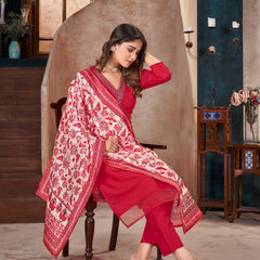 Stylum Women's Red Solid & Embroidered Silk Blend Straight Kurta Pant Dupatta Set (KPDREDMINATI)