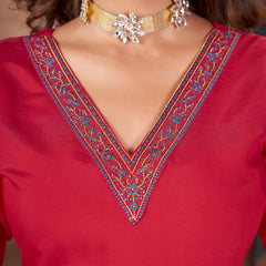 Stylum Women's Red Solid & Embroidered Silk Blend Straight Kurta Pant Dupatta Set (KPDREDMINATI)