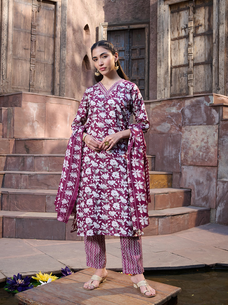 Stylum Women's Red Ethnic Printed Cotton Blend Straight Kurta Pant Dupatta Set (KPDREDMONTAG)