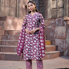 Stylum Women's Red Ethnic Printed Cotton Blend Straight Kurta Pant Dupatta Set (KPDREDMONTAG)