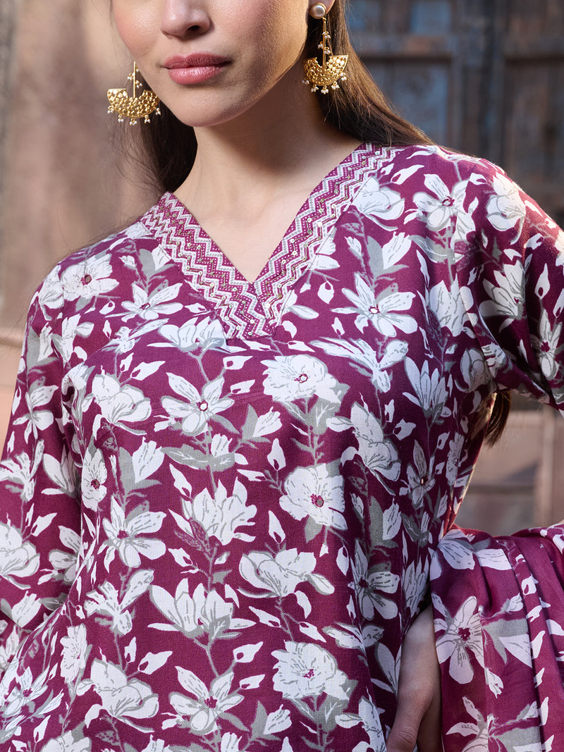 Stylum Women's Red Ethnic Printed Cotton Blend Straight Kurta Pant Dupatta Set (KPDREDMONTAG)