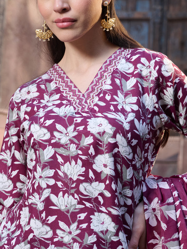 Stylum Women's Red Ethnic Printed Cotton Blend Straight Kurta Pant Dupatta Set (KPDREDMONTAG)