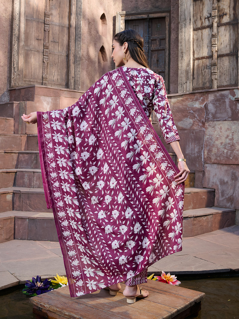 Stylum Women's Red Ethnic Printed Cotton Blend Straight Kurta Pant Dupatta Set (KPDREDMONTAG)